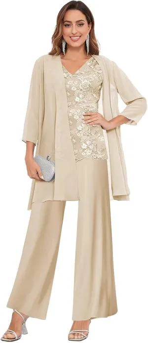 3 Pieces Mother of The Bride Pant Suits for Wedding Lace Chiffon Formal Evening Gowns with Jacket