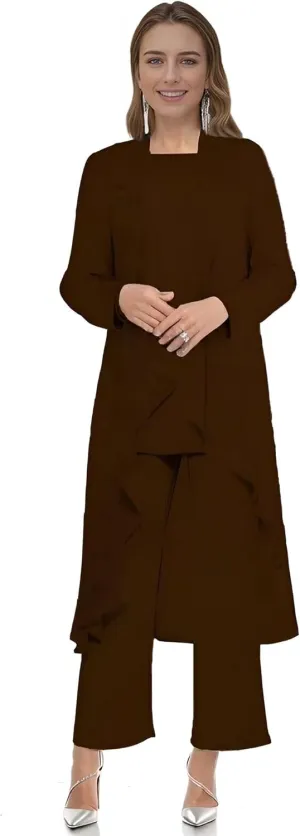 3 Pieces Mother of The Bride Pant Suits for Wedding Sequin Chiffon Wedding Guest Outfit for Women with Jacket