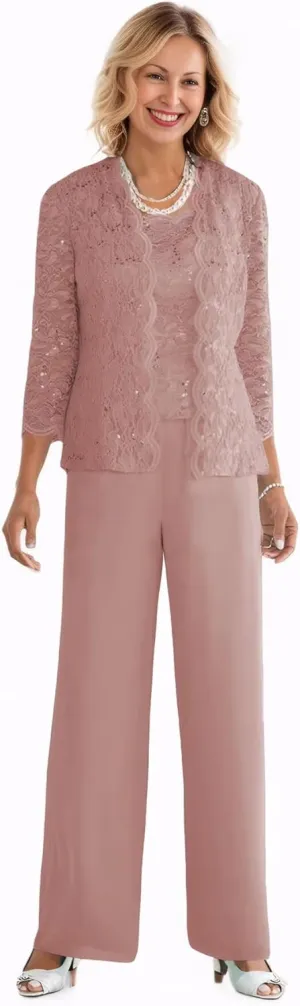 3 Pieces Mother of The Bride Pant Suits with Jacket Sequin Lace Chiffon Formal Evening Party Outfit Dressy Pantsuits
