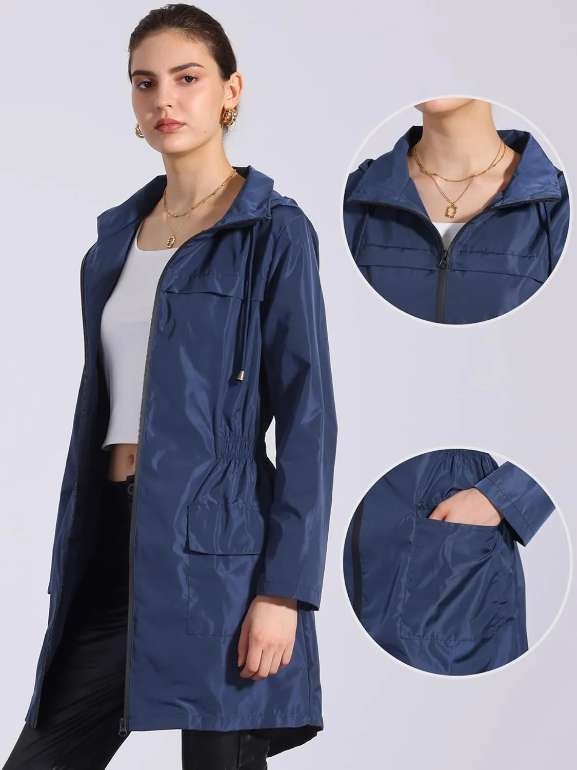 Allegra K Windbreaker Trench Coat for Women's Lightweight Hooded Raincoat Waterproof Jacket