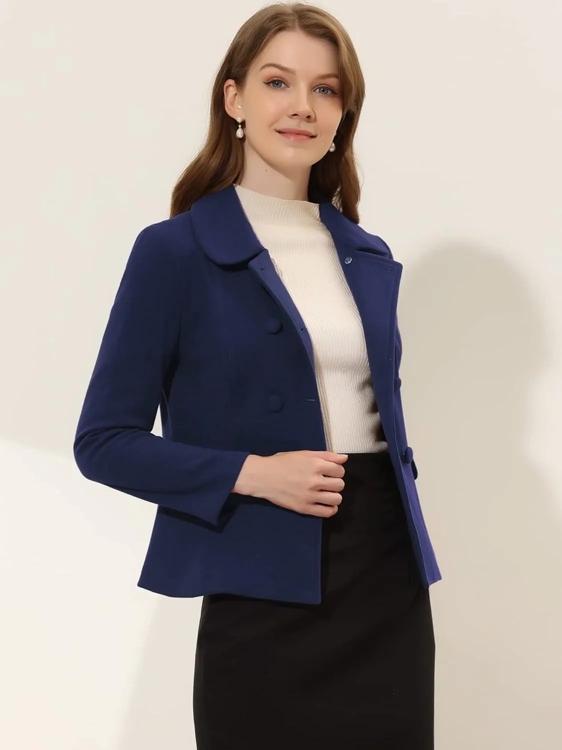 Allegra K Women's Peter Pan Collar Peacoat Double Breasted Short Coat