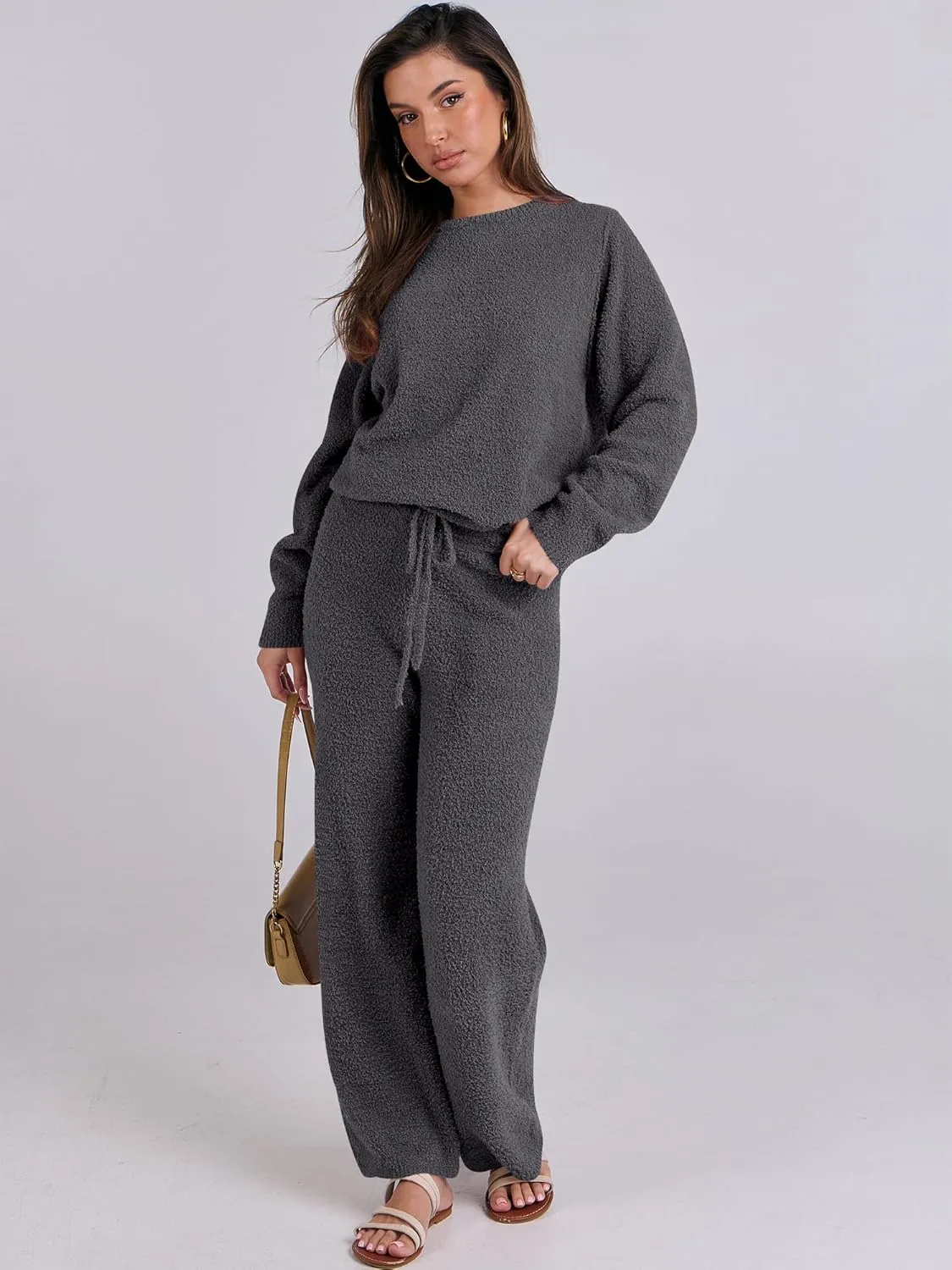 ANRABESS Women's Fuzzy Fleece Pajama Sets 2 Piece Outfits Long Sleeve Top Wide Leg Pants Lounge Matching Set 2024 Fall Winter