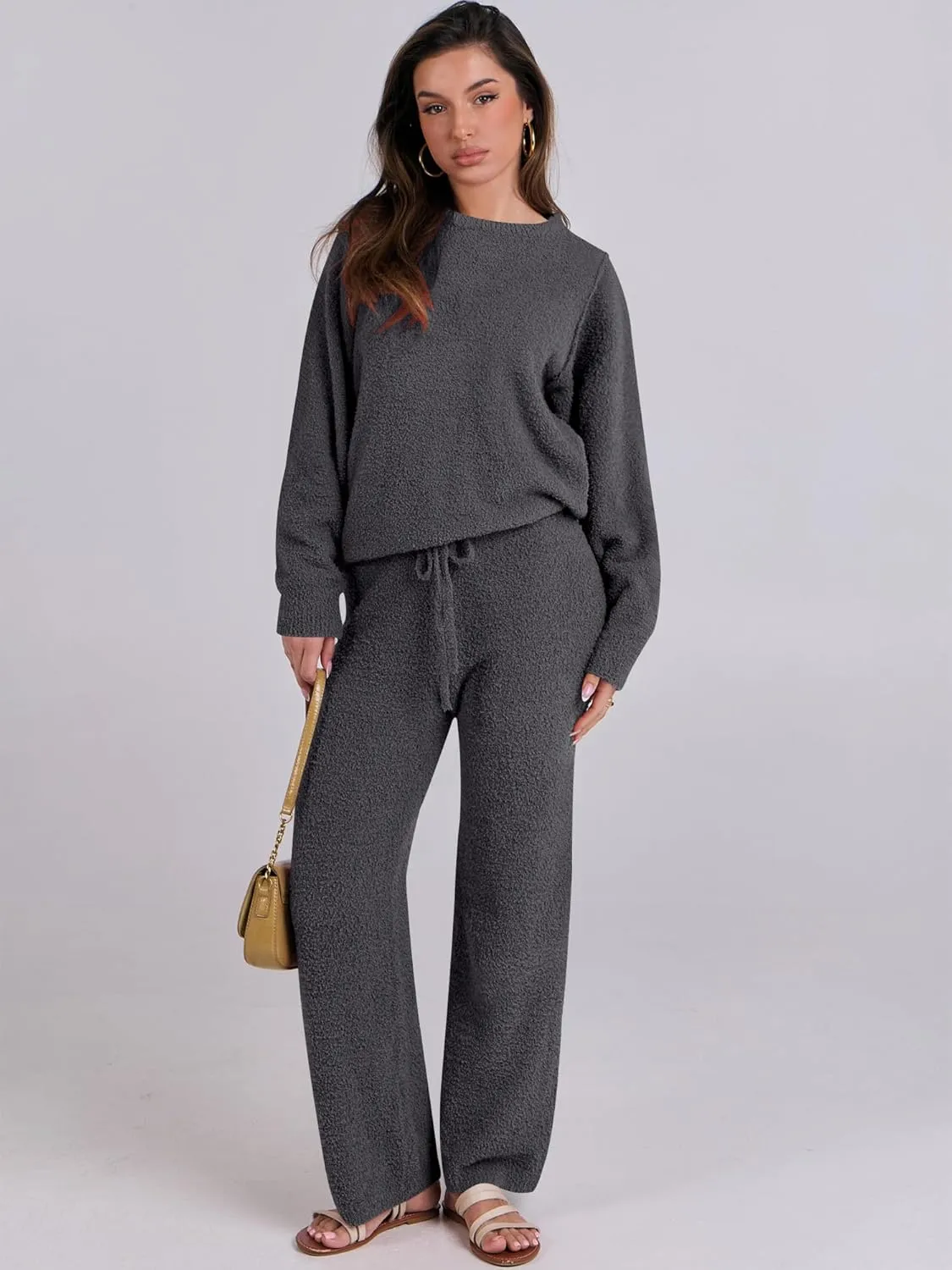 ANRABESS Women's Fuzzy Fleece Pajama Sets 2 Piece Outfits Long Sleeve Top Wide Leg Pants Lounge Matching Set 2024 Fall Winter