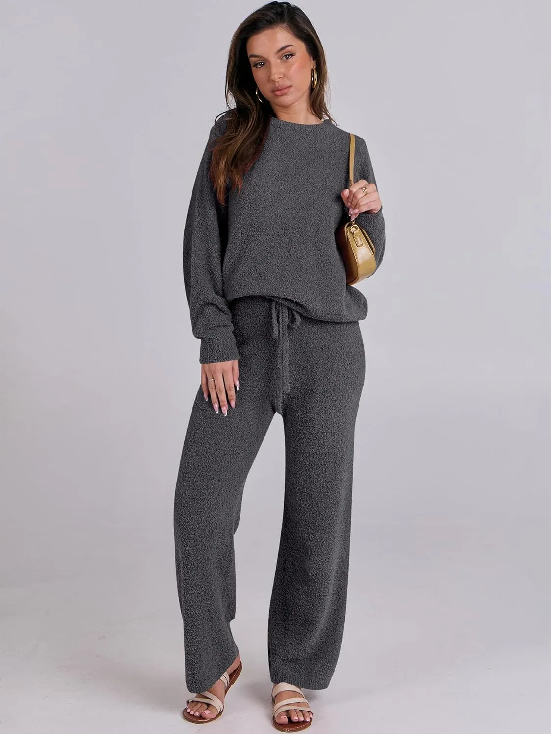 ANRABESS Women's Fuzzy Fleece Pajama Sets 2 Piece Outfits Long Sleeve Top Wide Leg Pants Lounge Matching Set 2024 Fall Winter