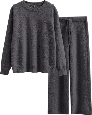 ANRABESS Women's Fuzzy Fleece Pajama Sets 2 Piece Outfits Long Sleeve Top Wide Leg Pants Lounge Matching Set 2024 Fall Winter