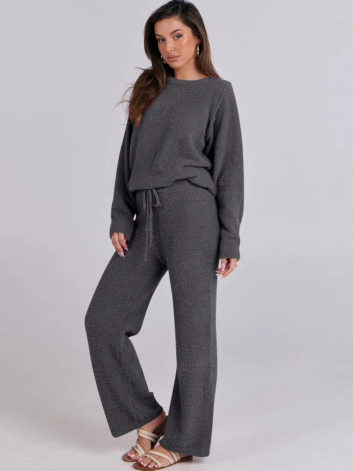 ANRABESS Women's Fuzzy Fleece Pajama Sets 2 Piece Outfits Long Sleeve Top Wide Leg Pants Lounge Matching Set 2024 Fall Winter
