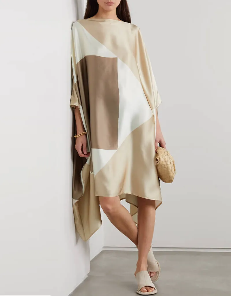 Beige & White Soft Satin Silk Kaftan