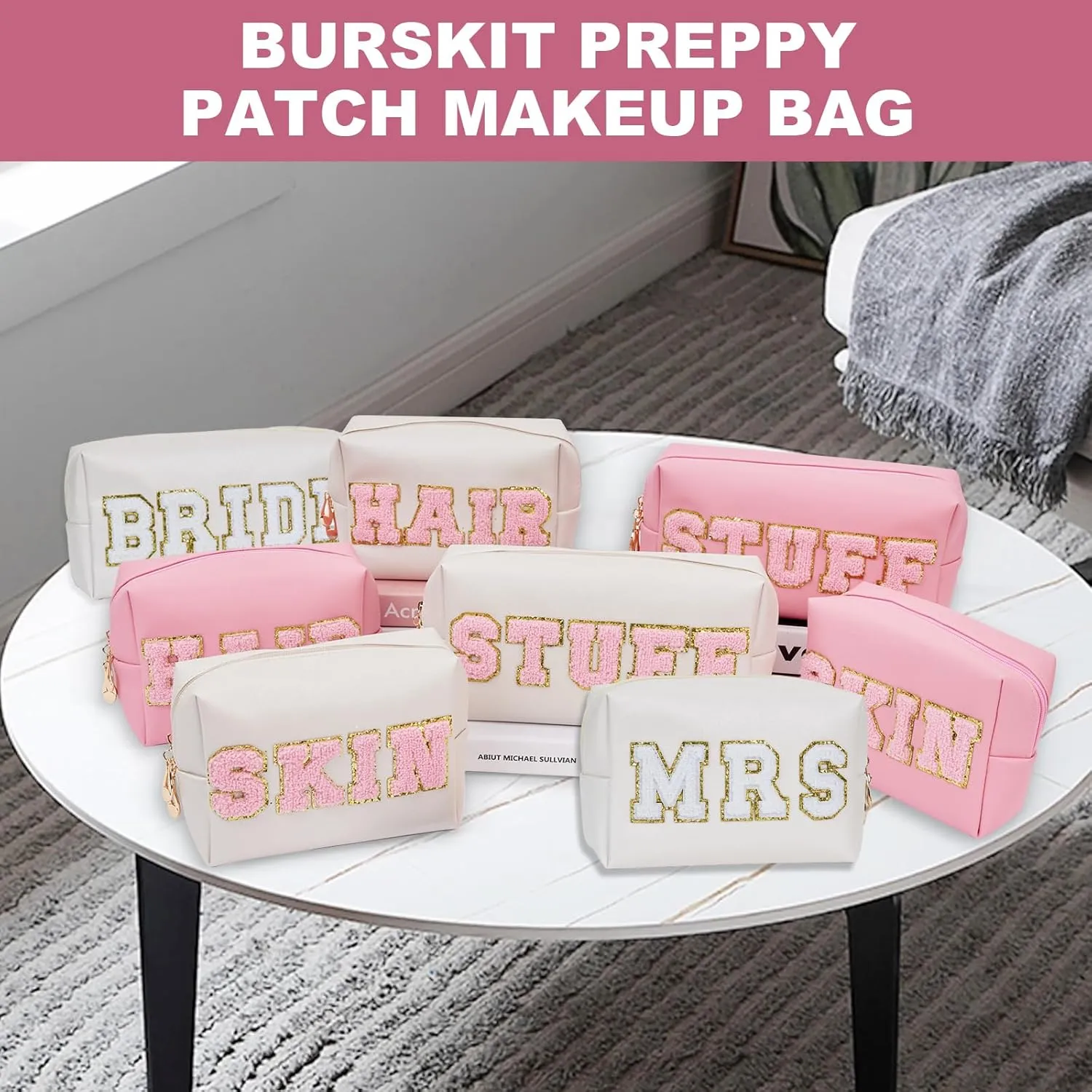 Bride Gifts MRS Patch Travel Makeup Bag Varsity Letter Cosmetic Toiletry Bag Letter Patches White Makeup PU Bag Bride Clutch Purse Waterproof Portable Zipper Organizer
