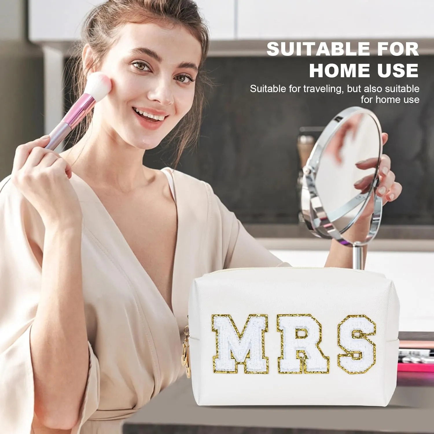 Bride Gifts MRS Patch Travel Makeup Bag Varsity Letter Cosmetic Toiletry Bag Letter Patches White Makeup PU Bag Bride Clutch Purse Waterproof Portable Zipper Organizer