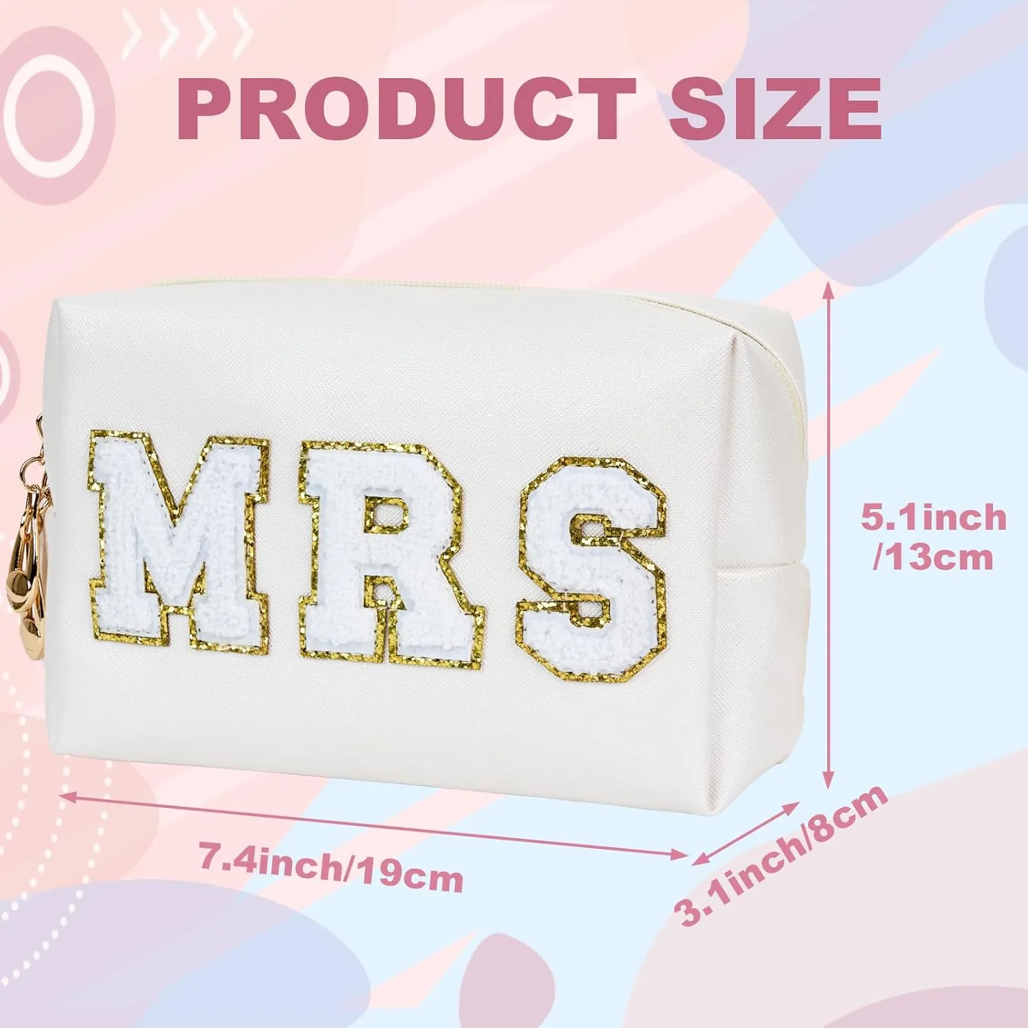 Bride Gifts MRS Patch Travel Makeup Bag Varsity Letter Cosmetic Toiletry Bag Letter Patches White Makeup PU Bag Bride Clutch Purse Waterproof Portable Zipper Organizer