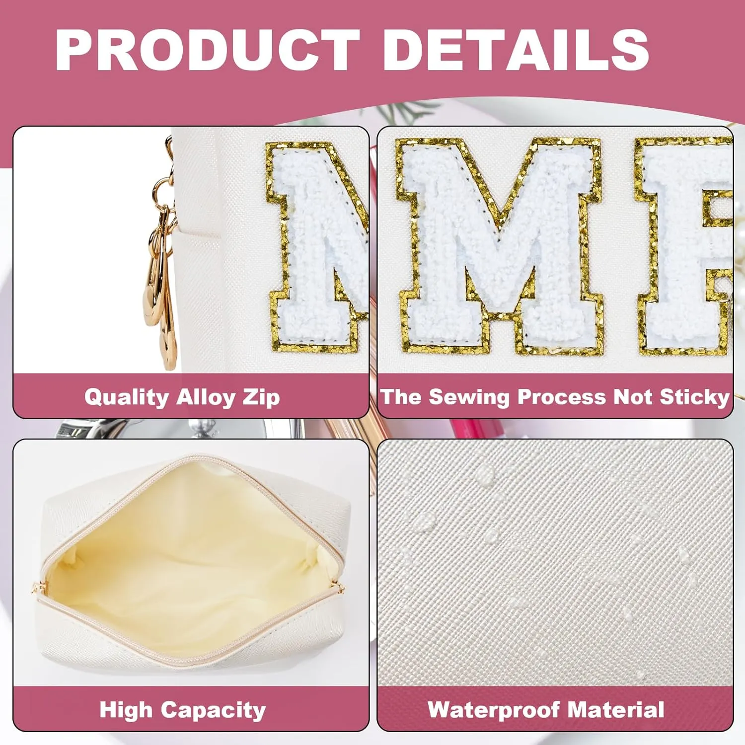 Bride Gifts MRS Patch Travel Makeup Bag Varsity Letter Cosmetic Toiletry Bag Letter Patches White Makeup PU Bag Bride Clutch Purse Waterproof Portable Zipper Organizer