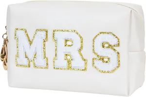 Bride Gifts MRS Patch Travel Makeup Bag Varsity Letter Cosmetic Toiletry Bag Letter Patches White Makeup PU Bag Bride Clutch Purse Waterproof Portable Zipper Organizer