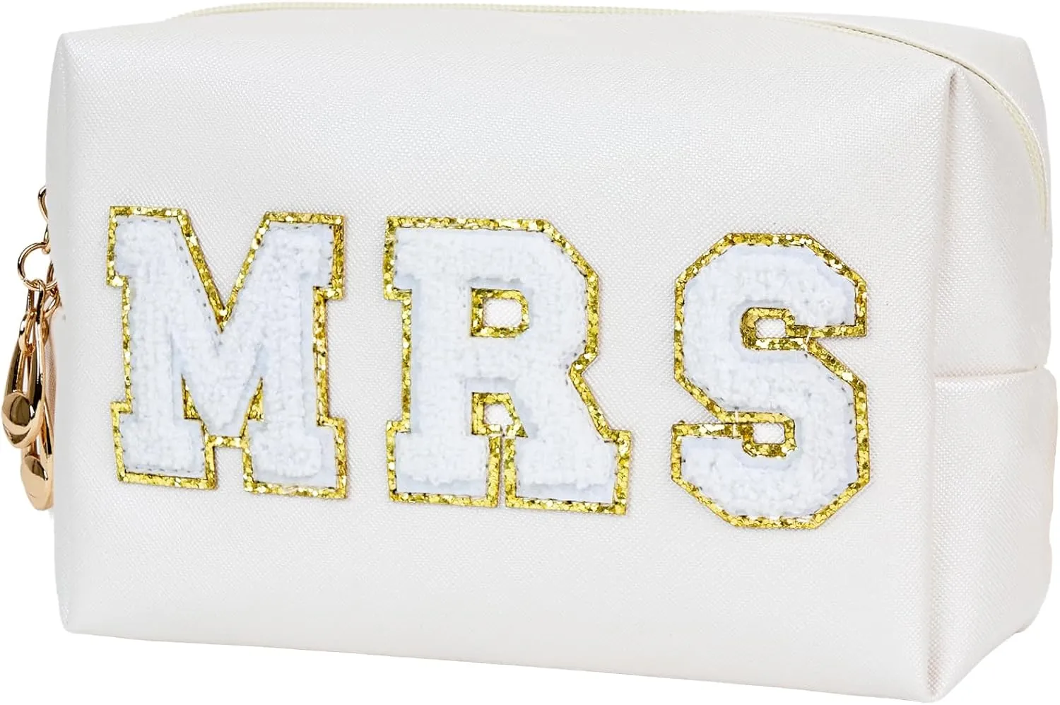 Bride Gifts MRS Patch Travel Makeup Bag Varsity Letter Cosmetic Toiletry Bag Letter Patches White Makeup PU Bag Bride Clutch Purse Waterproof Portable Zipper Organizer