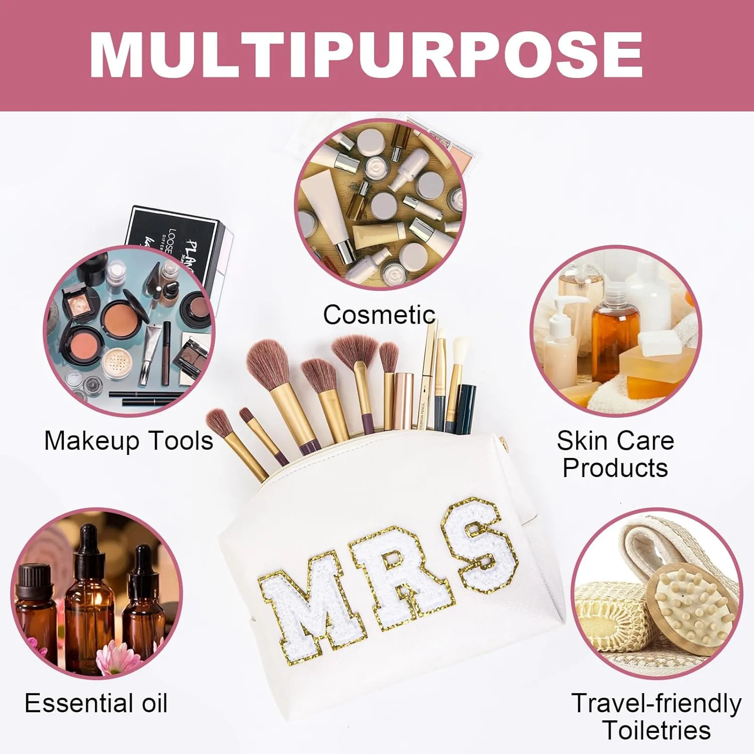 Bride Gifts MRS Patch Travel Makeup Bag Varsity Letter Cosmetic Toiletry Bag Letter Patches White Makeup PU Bag Bride Clutch Purse Waterproof Portable Zipper Organizer