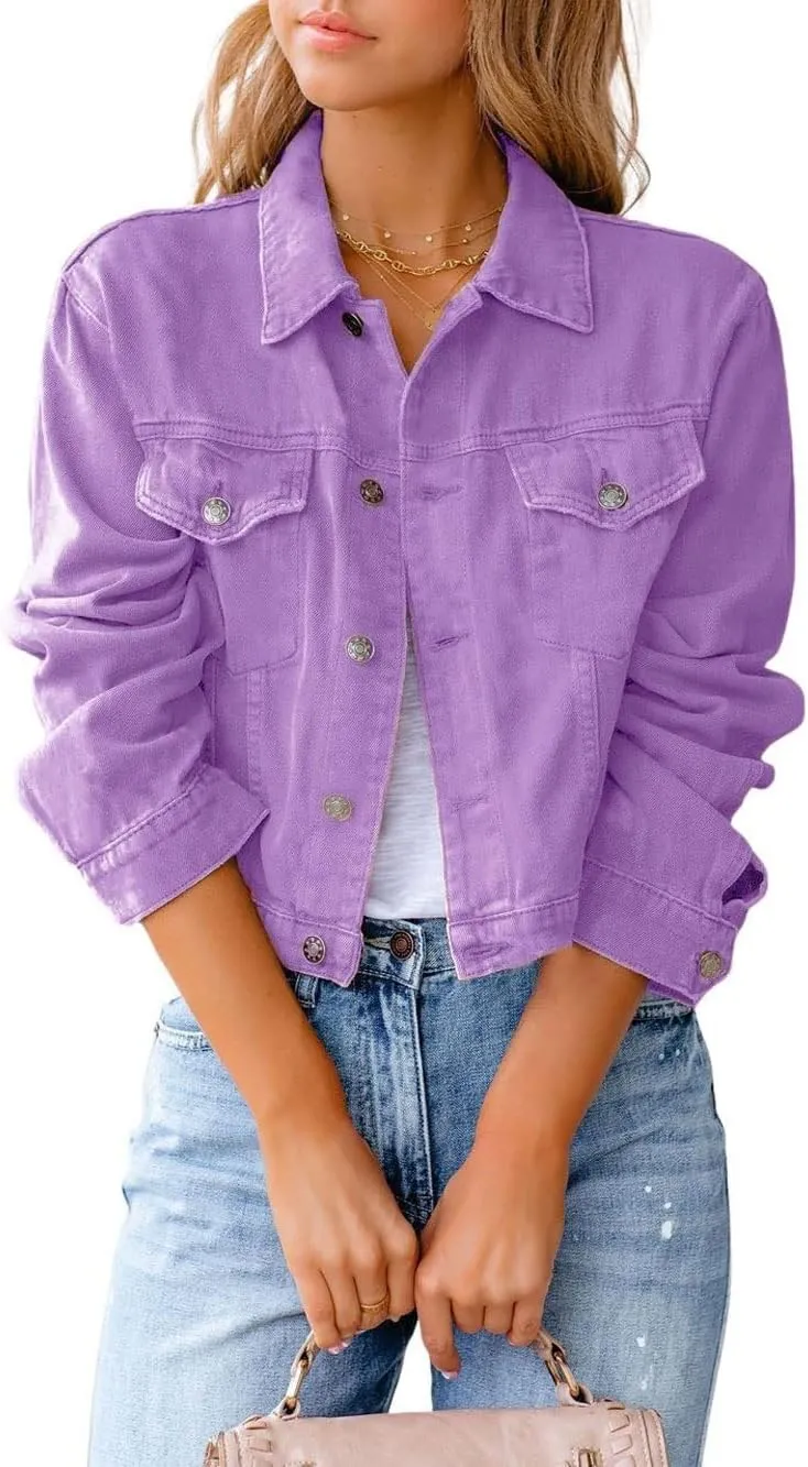 CHARTOU Women's Solid Candy Color Button Down Denim Cropped Jean Jacket Coat