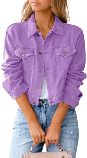 CHARTOU Women's Solid Candy Color Button Down Denim Cropped Jean Jacket Coat