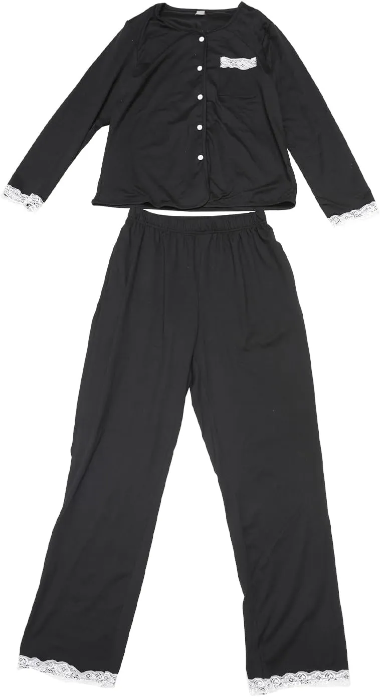 cheibear Womens Pajamas Sets Lace Trim Long Sleeve Button Down Sleepwear Elastic Waist Pant Suit with Pockets