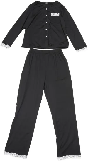 cheibear Womens Pajamas Sets Lace Trim Long Sleeve Button Down Sleepwear Elastic Waist Pant Suit with Pockets