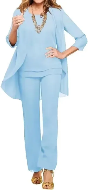 Chiffon Pant Suits for Women Dressy Dusty Blue Grandmother of The Bride Pant Suits with Jacket 3 Pcs Mother of Groom Dress US 14