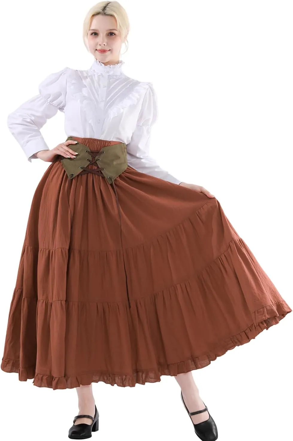 CR ROLECOS Womens Renaissance Skirt Victorian Lace-up High Waist Peasant Long Skirt