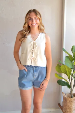 Cream front tie sweater vest