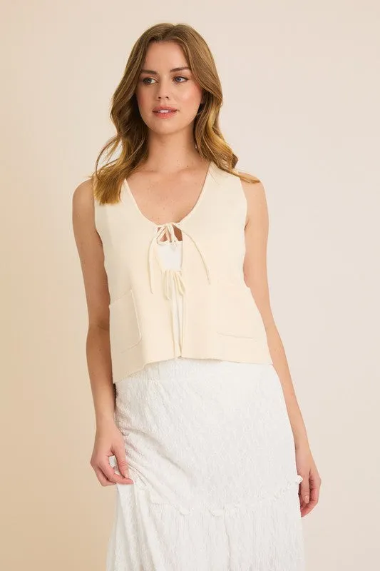 Cream front tie sweater vest