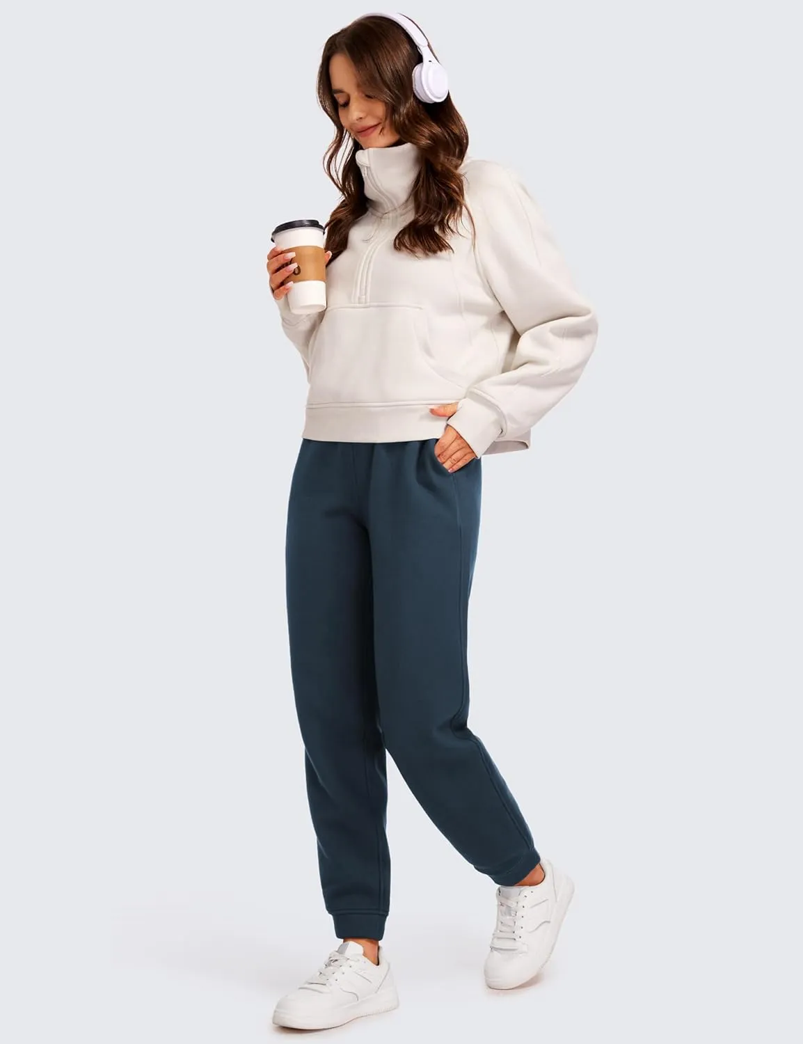 CRZ YOGA Cotton Fleece Lined Sweatpants Women High Waisted Warm Casual Lounge Jogger Pants with Pockets