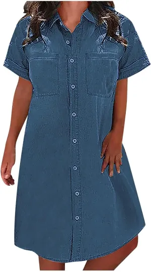 Denim Shirt Dresses for Women Casual Lapel Button Summer Plus Size Short-Sleeve Knee-Length Jean Dress with Chest Pocket