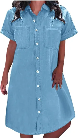 Denim Shirt Dresses for Women Casual Lapel Button Summer Plus Size Short-Sleeve Knee-Length Jean Dress with Chest Pocket