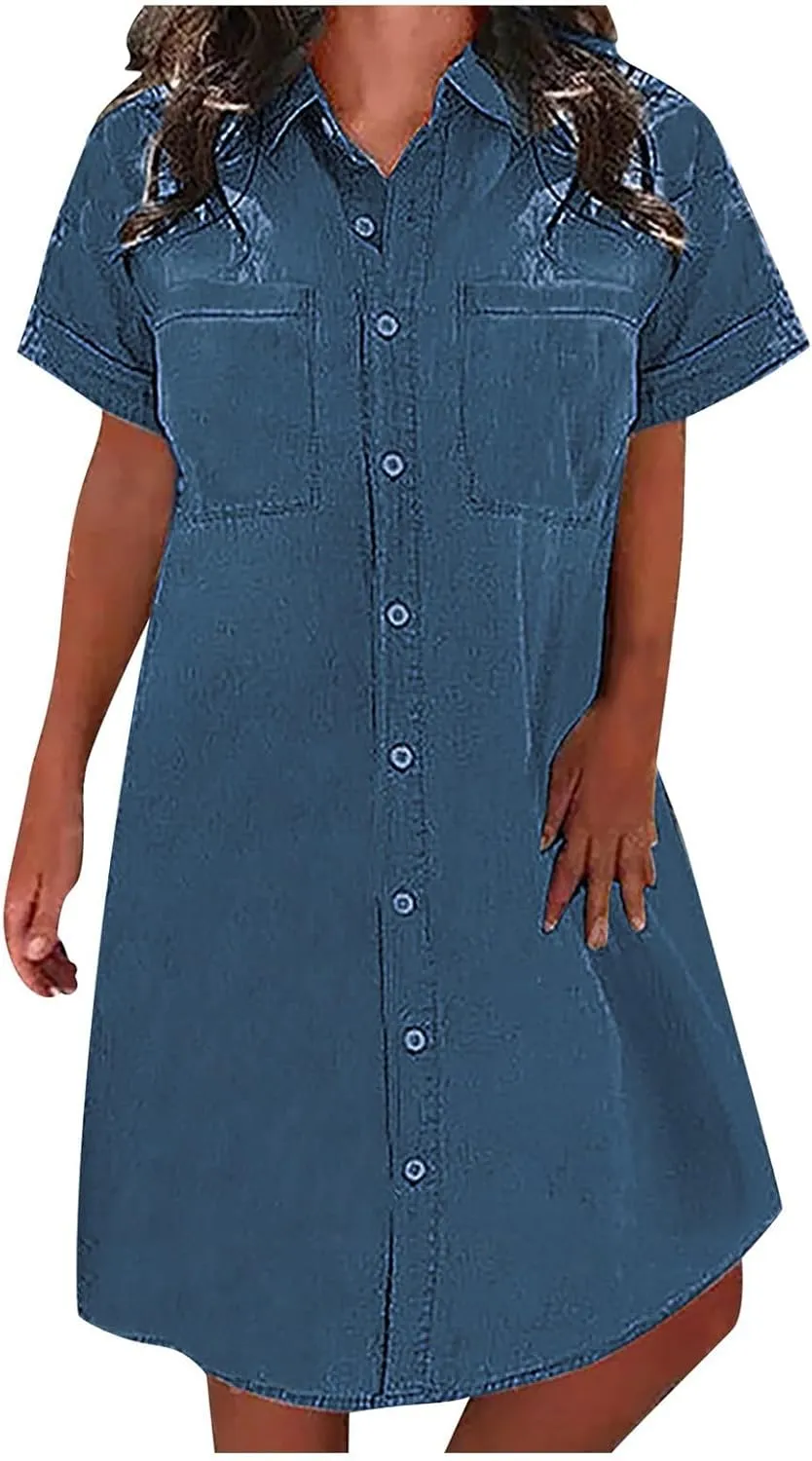 Denim Shirt Dresses for Women Casual Lapel Button Summer Plus Size Short-Sleeve Knee-Length Jean Dress with Chest Pocket