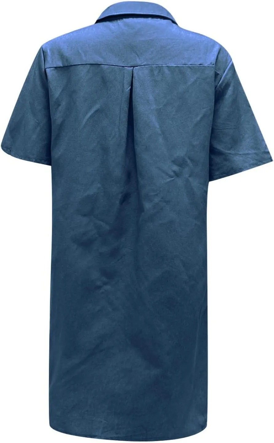 Denim Shirt Dresses for Women Casual Lapel Button Summer Plus Size Short-Sleeve Knee-Length Jean Dress with Chest Pocket
