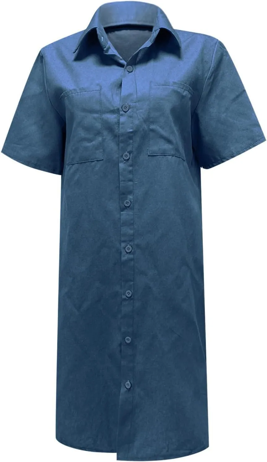 Denim Shirt Dresses for Women Casual Lapel Button Summer Plus Size Short-Sleeve Knee-Length Jean Dress with Chest Pocket