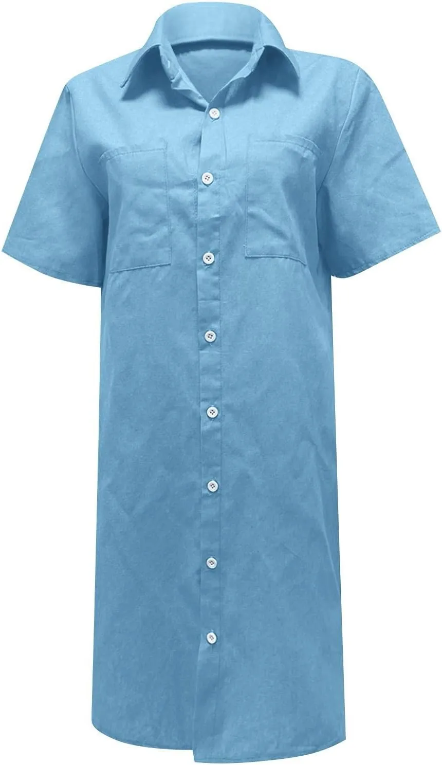 Denim Shirt Dresses for Women Casual Lapel Button Summer Plus Size Short-Sleeve Knee-Length Jean Dress with Chest Pocket