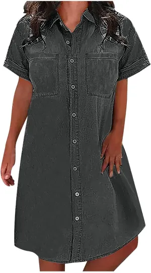 Denim Shirt Dresses for Women Casual Lapel Button Summer Plus Size Short-Sleeve Knee-Length Jean Dress with Chest Pocket