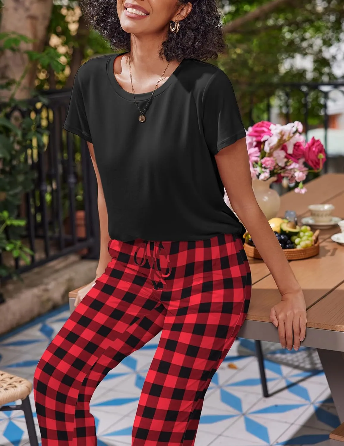 Ekouaer 2 Packs Women's Pajama Sets Short Sleeve Sleepwear Top and Pants Pjs Plaid Lounge Sets with Pockets