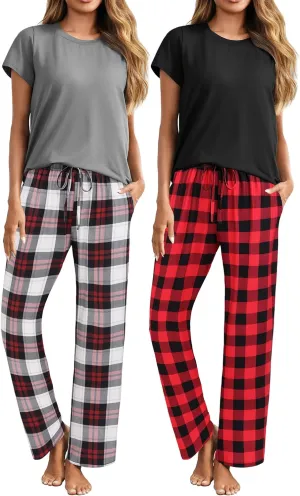 Ekouaer 2 Packs Women's Pajama Sets Short Sleeve Sleepwear Top and Pants Pjs Plaid Lounge Sets with Pockets