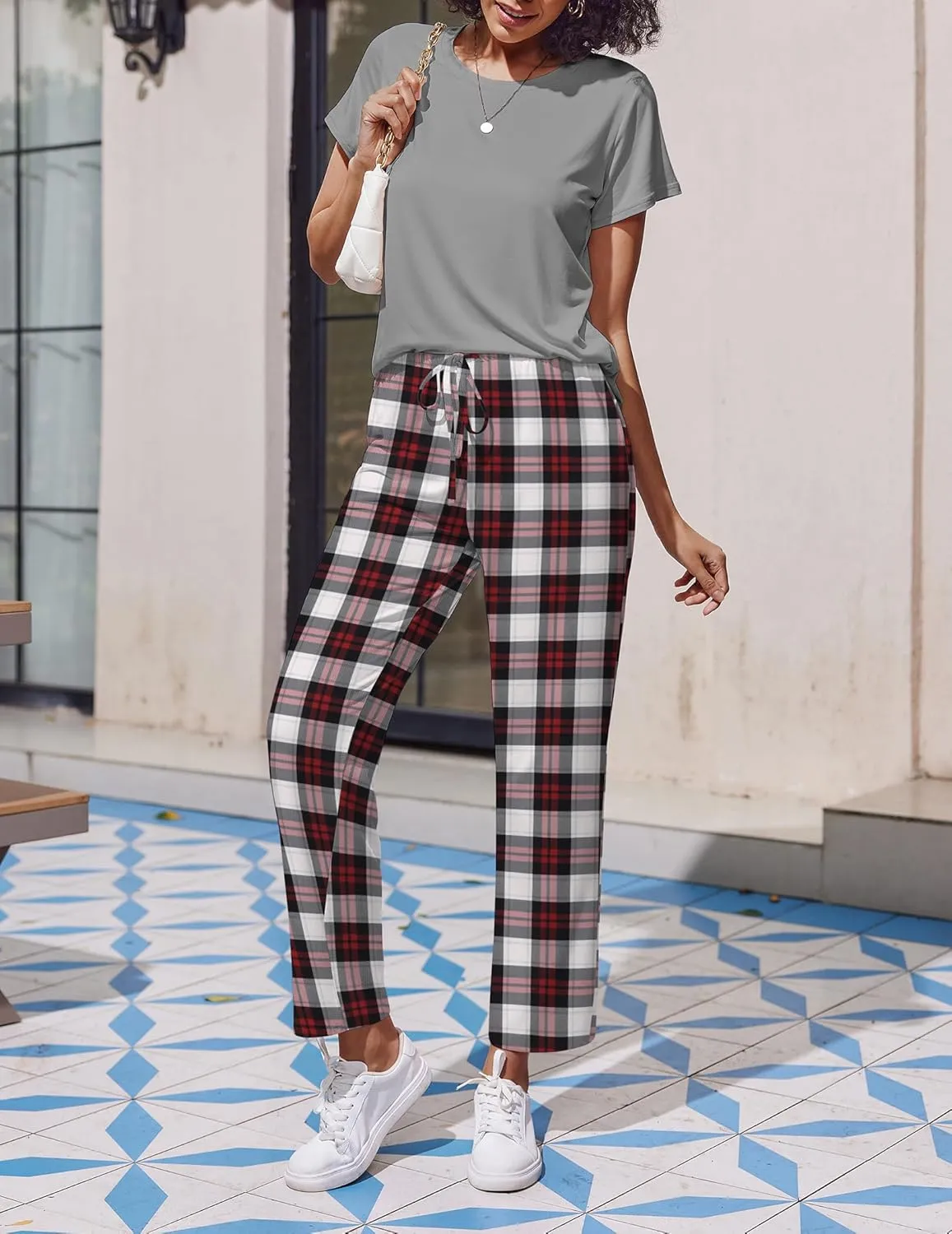 Ekouaer 2 Packs Women's Pajama Sets Short Sleeve Sleepwear Top and Pants Pjs Plaid Lounge Sets with Pockets
