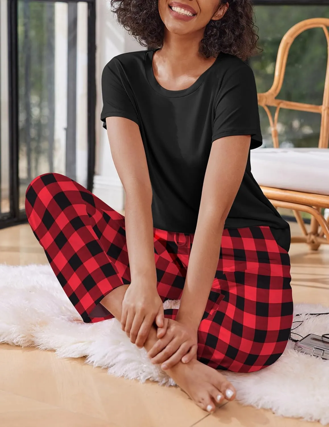 Ekouaer 2 Packs Women's Pajama Sets Short Sleeve Sleepwear Top and Pants Pjs Plaid Lounge Sets with Pockets