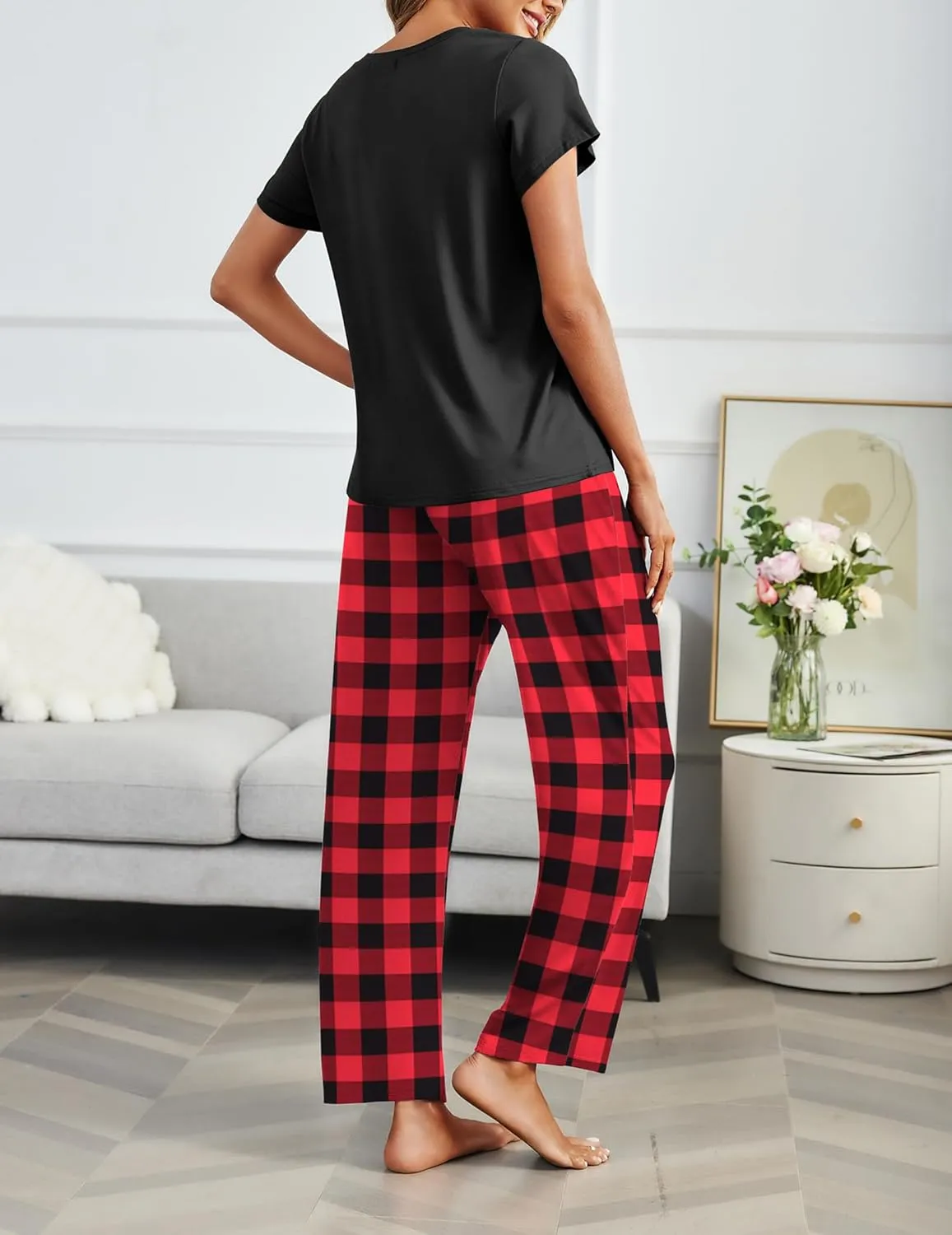 Ekouaer 2 Packs Women's Pajama Sets Short Sleeve Sleepwear Top and Pants Pjs Plaid Lounge Sets with Pockets