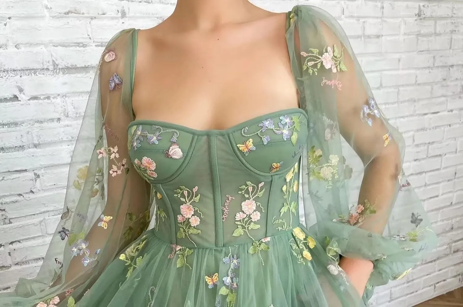 Fivsole Women's Puffy Long Sleeve Prom Dress Short Flower Embroidery Lace Tea-Length Formal Tulle Evening Party Gowns