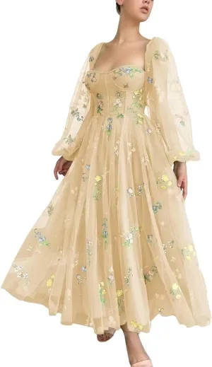 Fivsole Women's Puffy Long Sleeve Prom Dress Short Flower Embroidery Lace Tea-Length Formal Tulle Evening Party Gowns