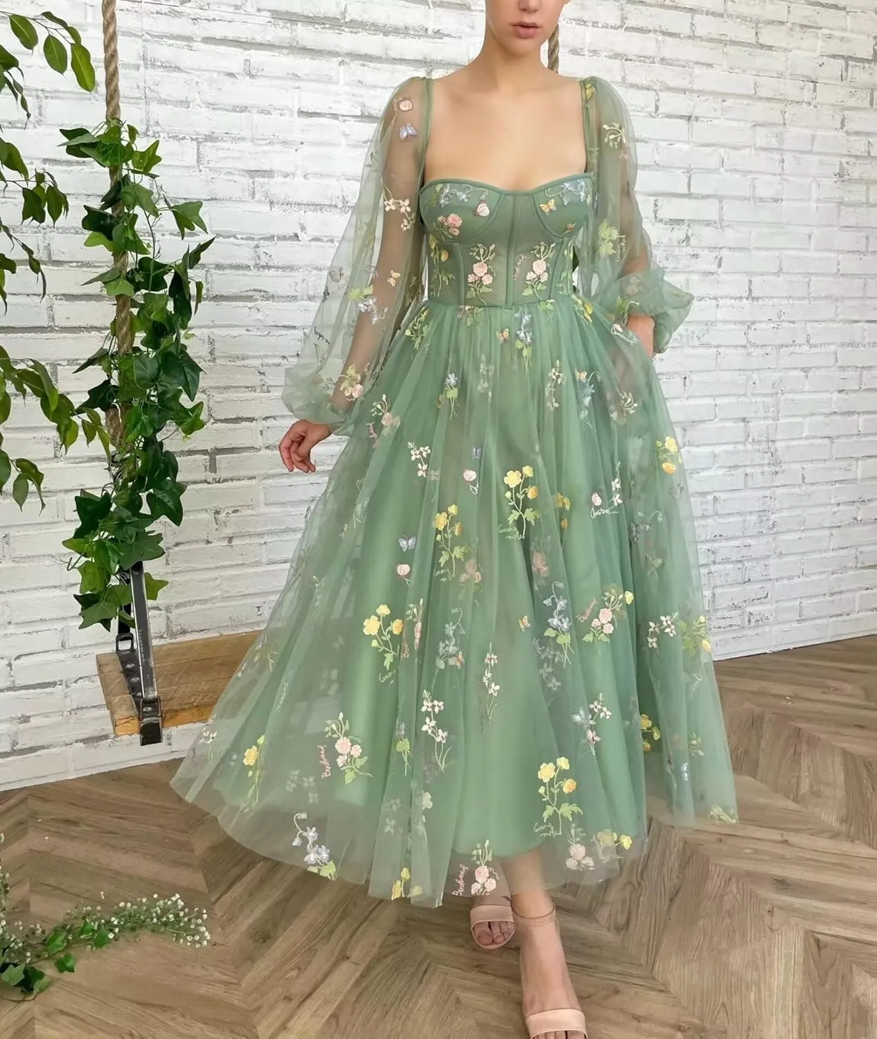 Fivsole Women's Puffy Long Sleeve Prom Dress Short Flower Embroidery Lace Tea-Length Formal Tulle Evening Party Gowns