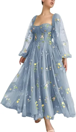 Fivsole Women's Puffy Long Sleeve Prom Dress Short Flower Embroidery Lace Tea-Length Formal Tulle Evening Party Gowns