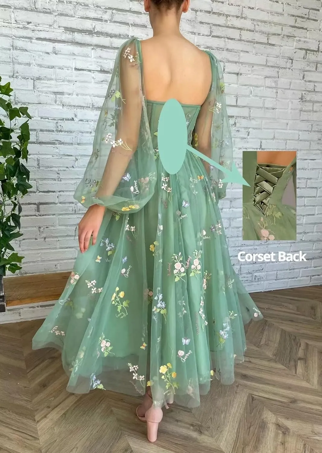 Fivsole Women's Puffy Long Sleeve Prom Dress Short Flower Embroidery Lace Tea-Length Formal Tulle Evening Party Gowns