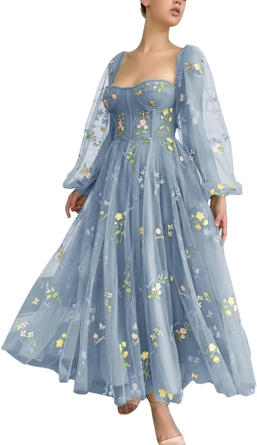Fivsole Women's Puffy Long Sleeve Prom Dress Short Flower Embroidery Lace Tea-Length Formal Tulle Evening Party Gowns