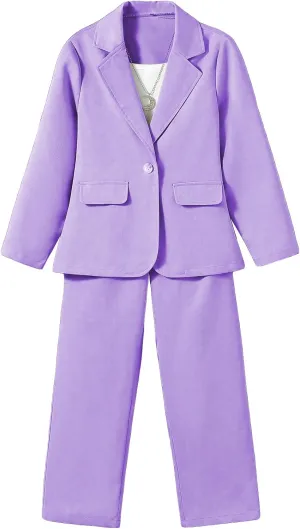 Floerns Girls 2 Piece Outfit Solid Lapel Collar Blazer Jacket with Pants Suit Set