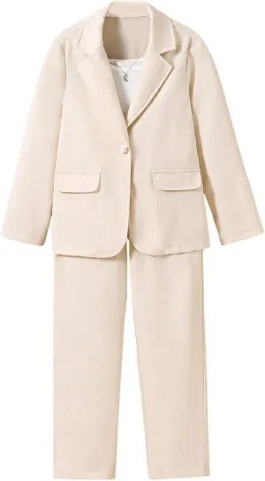 Floerns Girls 2 Piece Outfit Solid Lapel Collar Blazer Jacket with Pants Suit Set