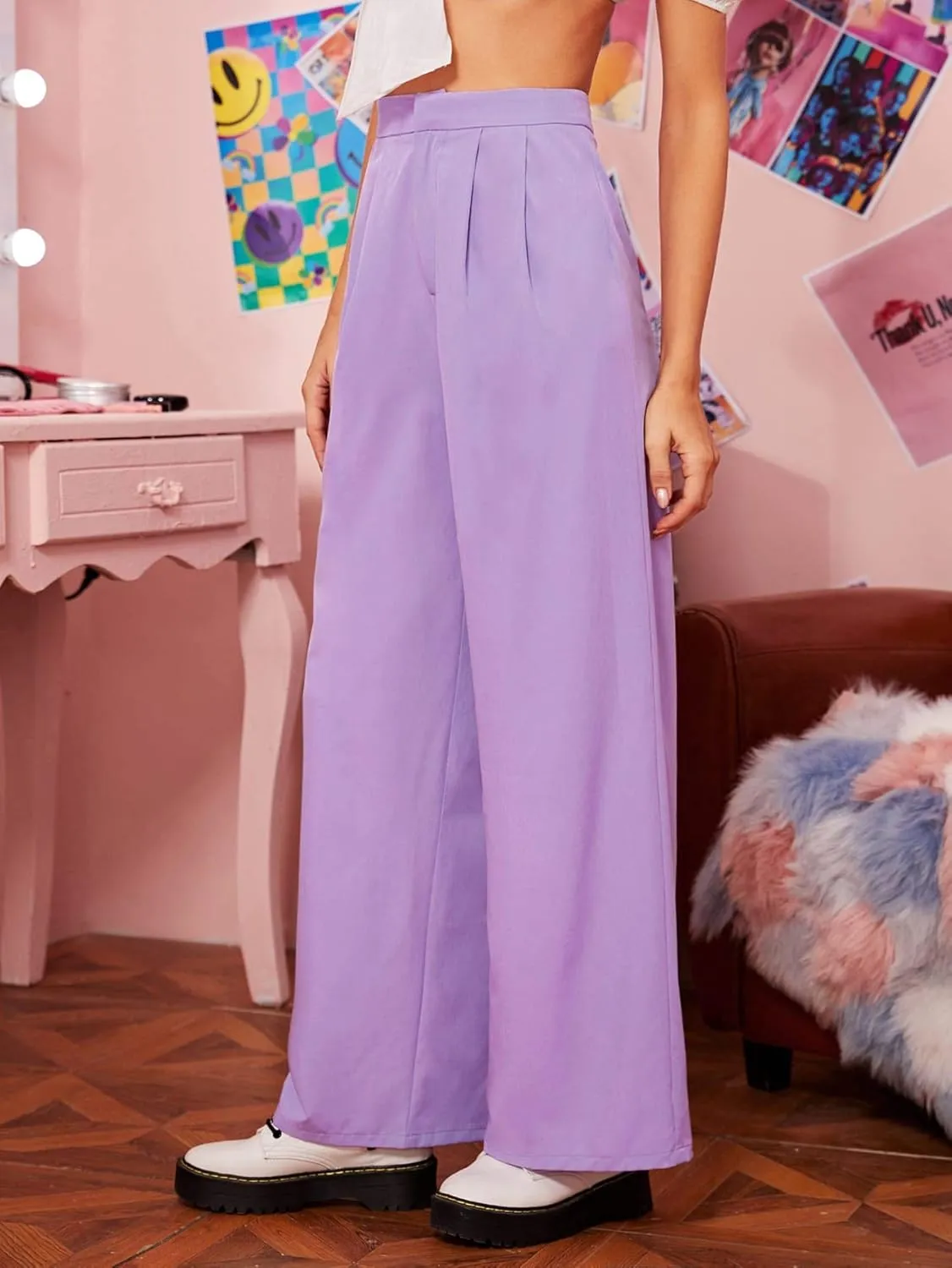 Floerns Women's Casual High Waisted Pleated Wide Leg Palazzo Pants Trousers