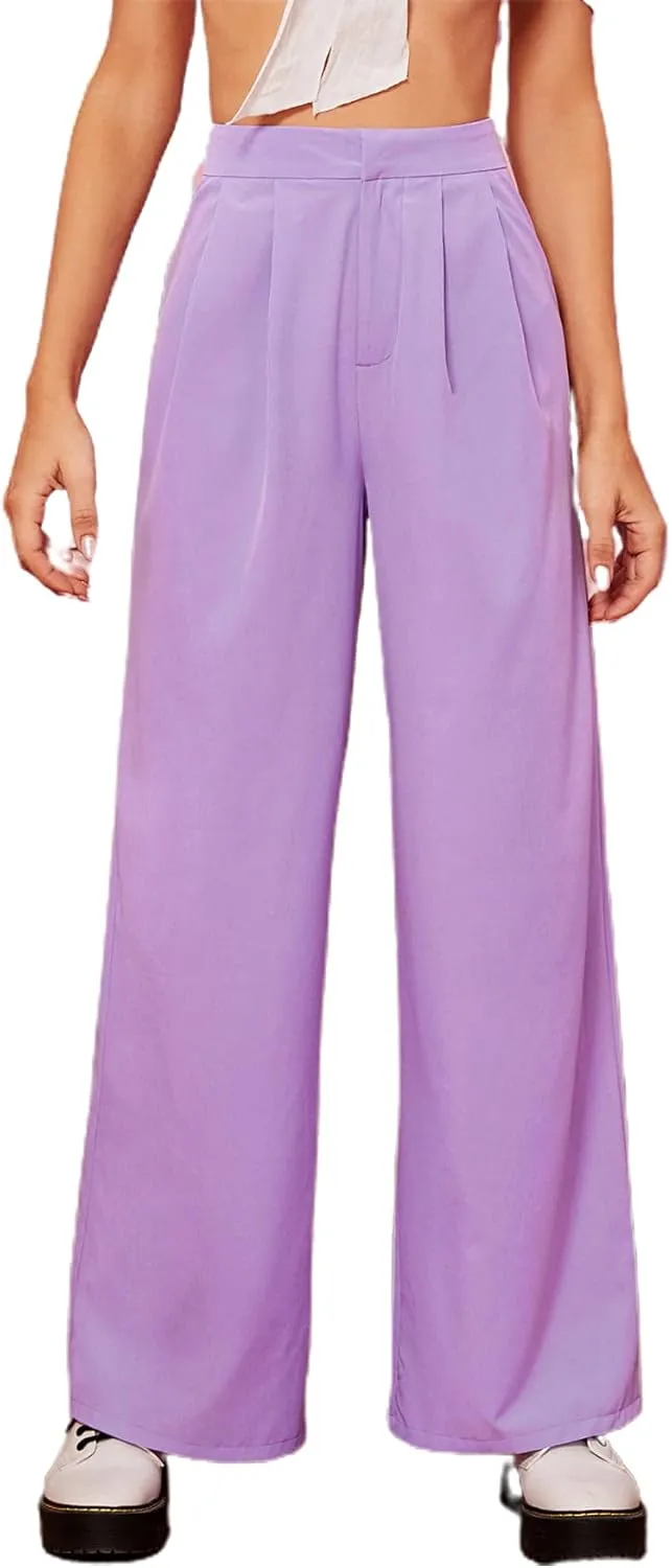Floerns Women's Casual High Waisted Pleated Wide Leg Palazzo Pants Trousers
