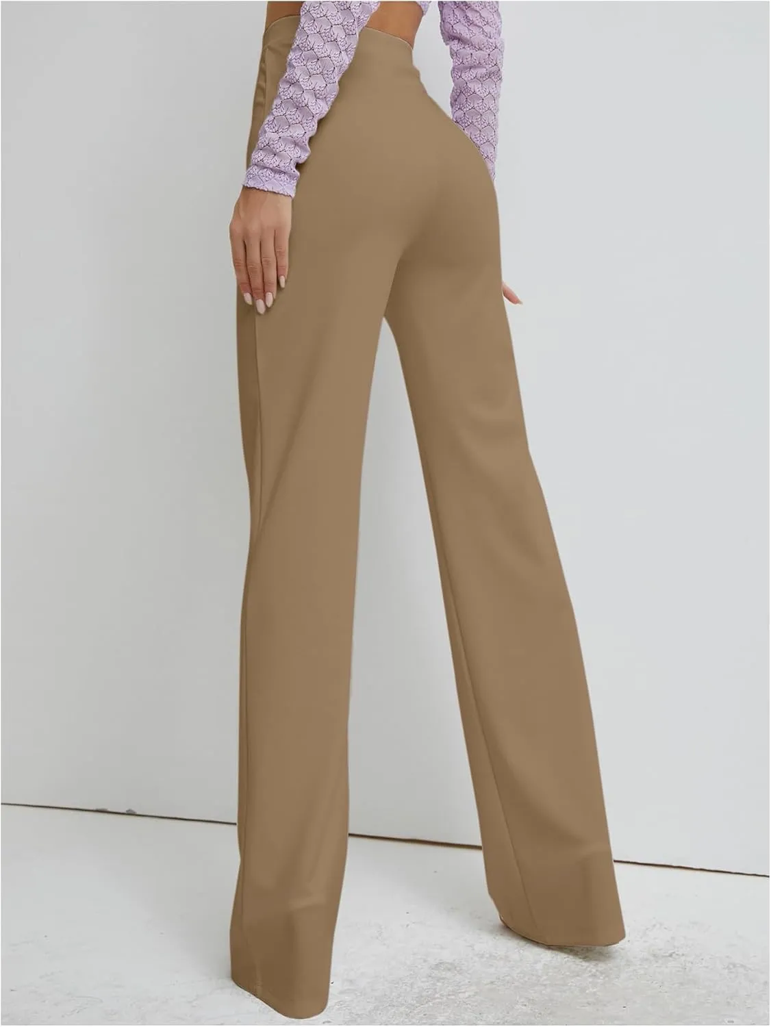 Floerns Women's Elastic High Waist Elegant Solid Striaght Leg Long Pants